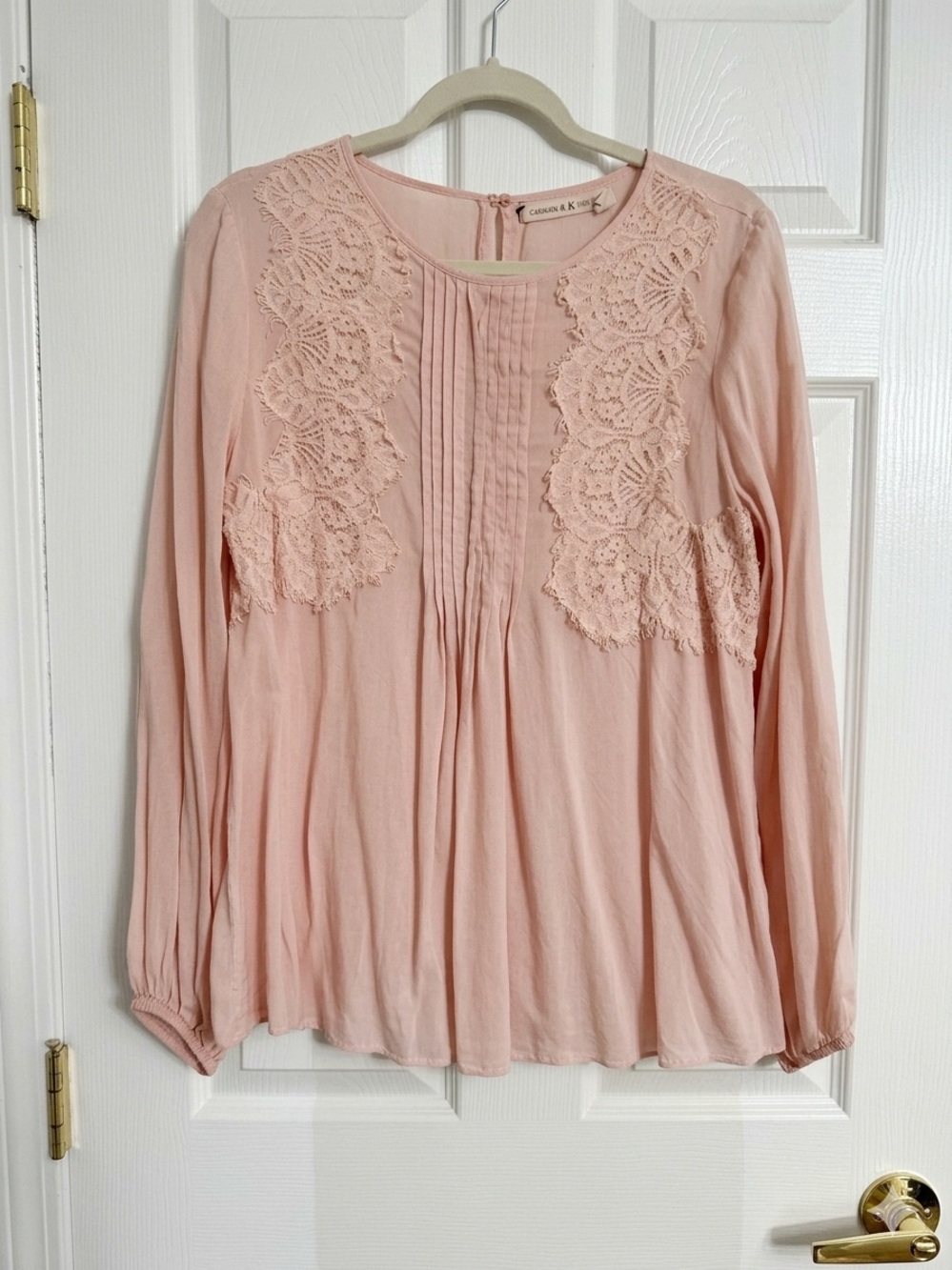 Chelsea & Violet Lace-Front Pintuck Long Sleeve Blouse - Blush